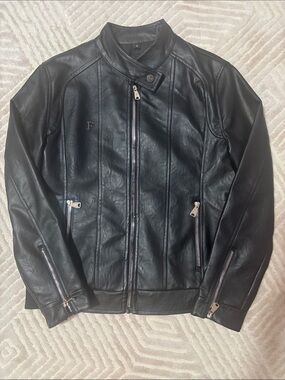 Black Vegan Leather Bomber Jacket with Zip Pockets, women’s small